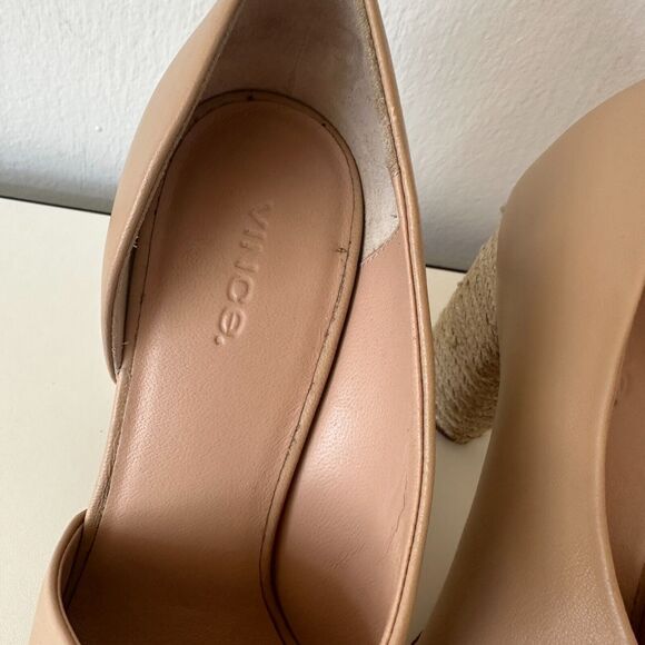 VINCE Percey Taupe Leather Open Toe Block Heel Sandals Jute Wrapped Heels 8.5 - Picture 2 of 10